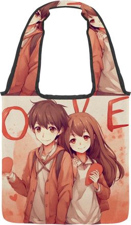 Generic Boy Girl Love Reversible Canvas Shoulder Tote - Double-Sided Print, 12oz Cotton, 27cm Drop, Fold-Flat Bag for Travel, Shopping, Street Outings