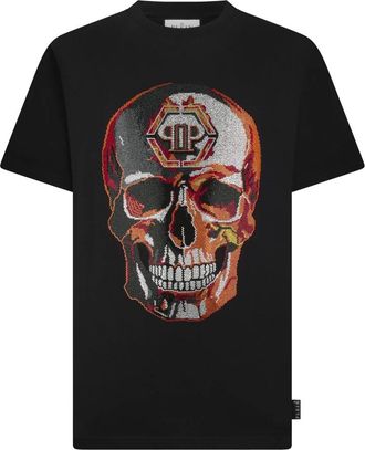 Philipp Plein Tops, Heren, Zwart, XS, Katoen, Ronde Hals T-Shirt Lava Skull Stones
