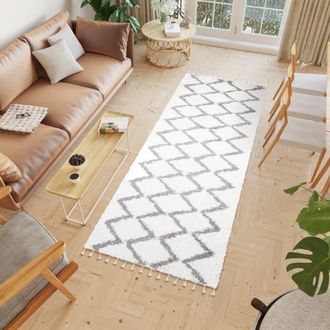 Tapiso Alfombra de pie de cama shaggy de polipropileno en crema 100x250 cm