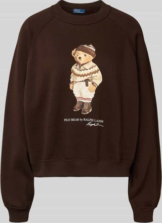 Polo Ralph Lauren Sweatshirt mit Motiv-Print und Rundhalsausschnitt in Dunkelbraun Melange, Größe XL