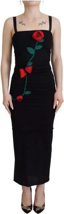 Dolce & Gabbana Rode Roos Geborduurde Sheath Jurk - Dames - Maxi kleedjes - Zwart - S - Wol - Kleedjes