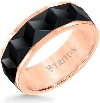 Triton 8MM Tungsten Carbide Ring with Faceted Chevron Pattern and Bevel Edge in Pink at Nordstrom, Size 12.5