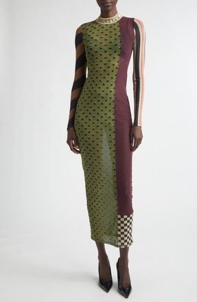 Jean Paul Gaultier Patchwork Print Long Sleeve Mesh Body-Con Dress in Green Multicolor at Nordstrom, Size X-Large