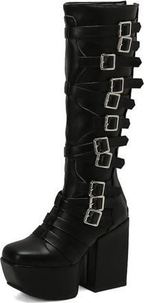 Generic Punk Square-Toe Equestrian Boots for Women with Buckles & Back Zipper, Chunky Platform Heel,Matte Black,7.5 UK