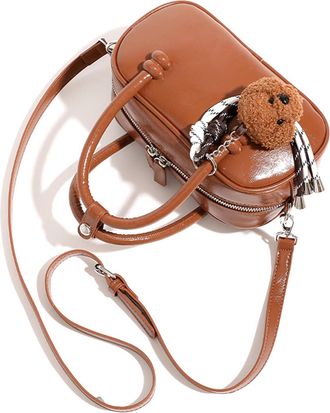 Generic Women PU Leather Bowling Shoulder Bag with Zipper for School Work Travel (Brown)