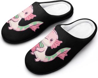 Generic Axolotl Holding A Present Slippers Men Winter Warm Cotton Anti-Slip Indoor Slip-Ons House Shoes