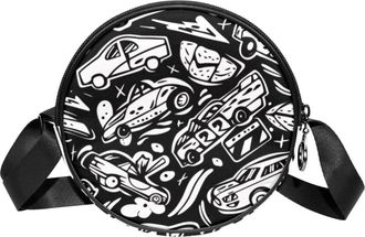 Generic Circle Crossbody Bag for Women, Racing Doodle Small Sling Bag Daypack with Zipper Adjustable Shoulder Straps Casual Ladies Girls Round Purse