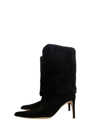 Alexandre Birman Black Shearling Cuff Heeled Long Boots Size 38