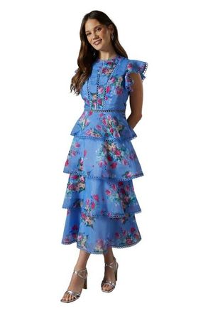 Coast Lace Trim Tiered Organza Midi Dress in Blue at Nordstrom, Size 4