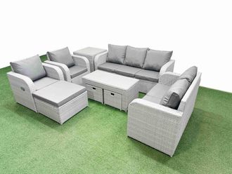 Fimous PE Rattan Garden Furniture Set Adjustable Chair Sofa Double Love Seat 2 Seater Sofa Lounge Set Rectangular Coffee Table 3 Stools Side Table