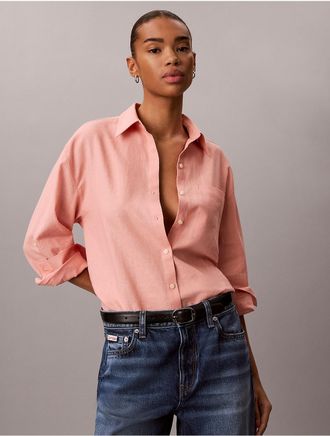 Calvin Klein Jeans Calvin Klein Womens Linen Blend Relaxed Button-Down Shirt - Orange - XS
