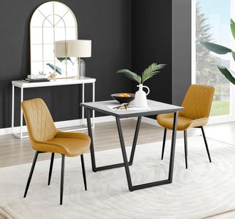 Furniturebox Carson White Marble Effect Square Dining Table & 2 Velvet Pesaro Black Leg Chairs in Mustard