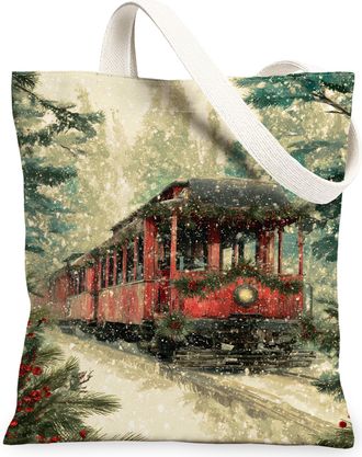 Generic Vintage Train Canvas Tote Bags, Rustic Winter Scene Lightweight Washable Reusable Bags for Holiday Outdoor Travel Picnic, Red, 13x15 Inch