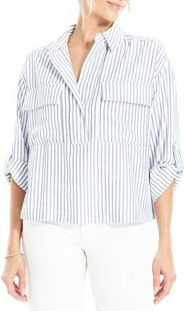 Max Studio Grid Print Roll Sleeve Popover Shirt in Off White/Indigo Stripe at Nordstrom Rack, Size X-Small