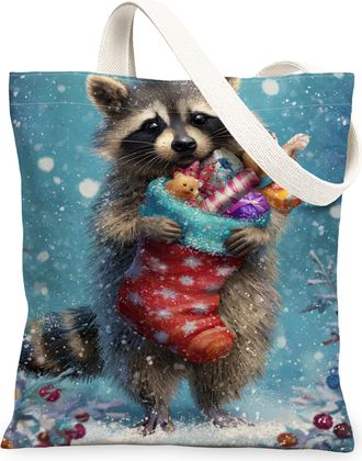 Generic Christmas Raccoon Canvas Tote Bags, Animal Pattern Reusable Grocery Bags, Winter Vintage Cute Lightweight Washable Shoulder Strap for Travel 13x15 Inc