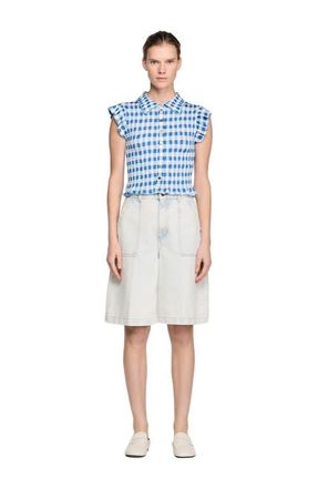 Sandro Check smocked T-shirt in Blu /White at Nordstrom, Size X-Small