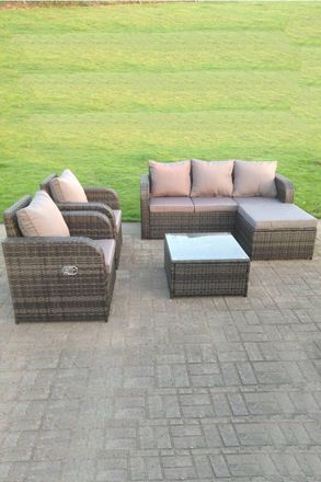 Fimous Wicker Rattan Garden Furniture Set Lounge Sofa Reclining Chair Outdoor Big Footstool 6 Seater Square Table in Dark Grey