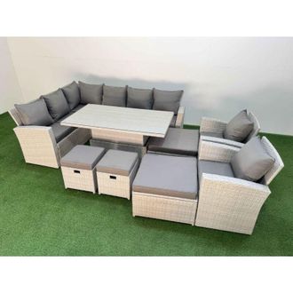Fimous 12 Seat Rattan Outdoor Garden Furniture Corner Sofa Set Adjustable Lifting Dining or Coffee Table Set with Armchair Light Grey - Fimous