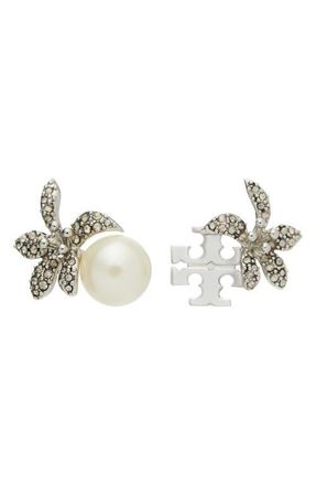 Tory Burch Moondance Flower Stud Earrings in Tory Silver /Pearl /Crystal at Nordstrom