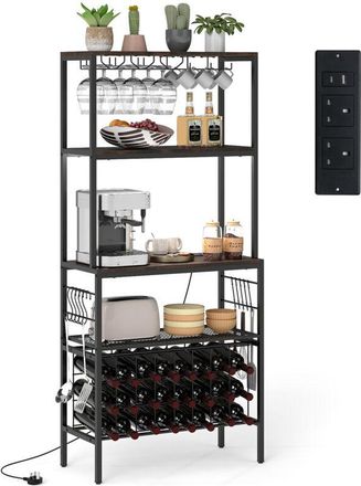 Costway Wine Organizer Bar Multi-Tier Bakers Rack with Power Outlet-Brown