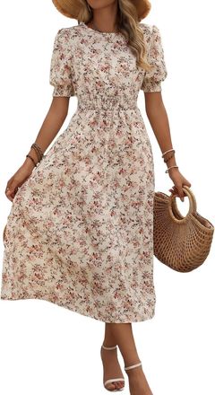 Generic Womens Floral Smocked Waist Midi Dress - A-Line Wedding Guest & Summer Party Dress with Short Sleeves Apricot