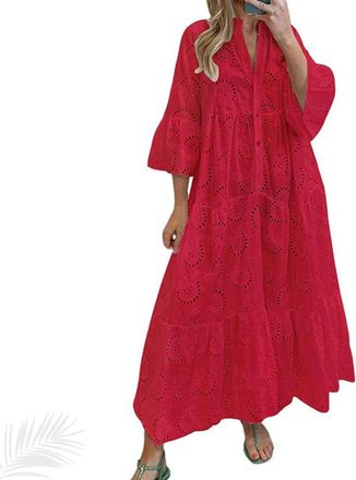 Generic Womens Lace Eyelet Embroidery Maxi Dress, V-Neck Button Trumpet Sleeve Boho Flowy Swing A Line Dress (Red,M)