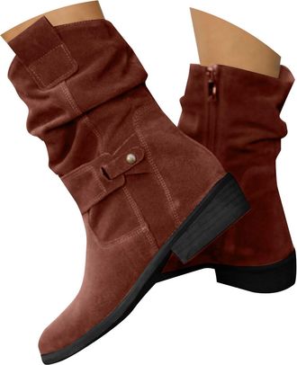Generic Wide Fit Suede Ankle Boots Women | Pointed Toe Low Heel Booties Slip On Mid Calf Boot With Buckle Comfortable Walking Boot Winter Warm Booties Casual 