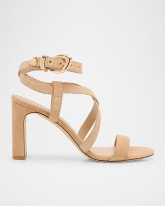 Stuart Weitzman Maven Suede Buckle Block-Heel Sandals