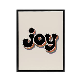 Artery8 Joy Vibrant Retro Rainbow Font Typography Word Framed Canvas Art Print in Beige | Size: W24 x H32