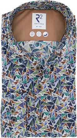 R2 overhemd print blauw katoen lange mouw