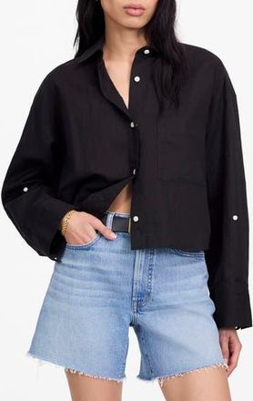 Madewell Straight Hem Crop Linen & Cotton Button-Up Shirt in Jet Black at Nordstrom Rack, Size Xx-Large