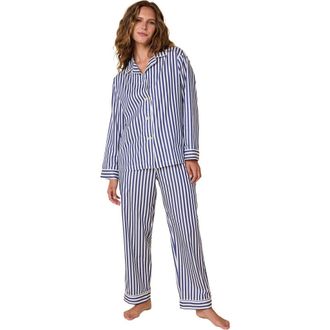 The Cats Pajamas Luxe Pima Pajama Set Conversational in Classic Stripe Navy at Nordstrom, Size X-Large