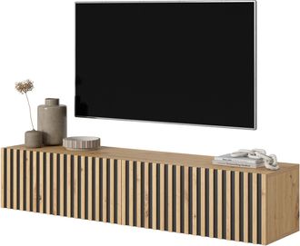 Selsey Selsey - Telire - Mueble De Tv Colgante - Roble Artesano Con Frente De Listones E Inserciones Negras - 140 Cm