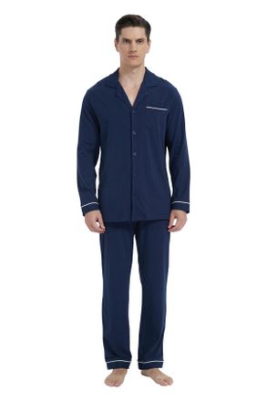 Global Pyjama Set for Men Long Sleeve Sleepwear Notch Collar Button Down Nightwear Soft Pjs Lounge Set M-Navy Blue XXL