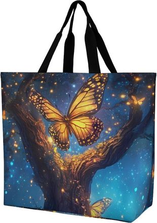 Generic Glitter Tree Glowing Butterfly Wings Reusable Shopping Bags One Shoulder Grocery Tote Bag Waterproof Big Purse for Work Travel