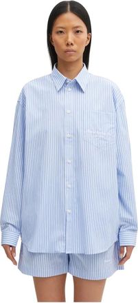 Sporty & Rich Overhemden, Dames, Blauw, L, Katoen, Gestreept Geborduurd Shirt