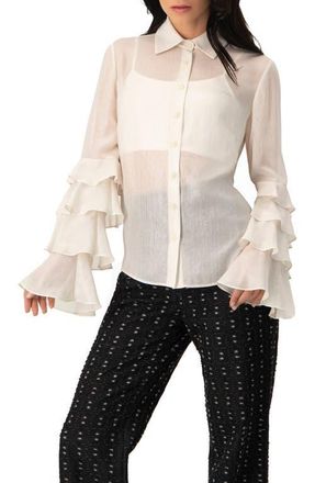 Ivonne Sheer Shirt with Tiered Ruffle Sleeves in Natural at Nordstrom, Size 10
