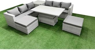 Fimous 6 PCs Rising Dining Table Set Rattan Furniture Set with 3 Seater Sofa 2 Big Footstools Side Table Light Grey - Fimous