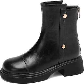 Generic Womens Block Heel Platform Boots Round Toe Short Boots with Rivet PU Leather Casual Boot with Zipper,Black,5.5 UK