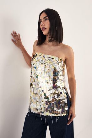 NASTY GAL Womens Disc Tassel Longline Bandeau Top - Gold - Size 10 UK