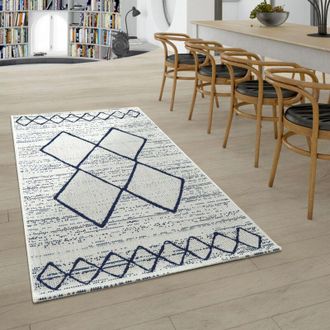 Paco Home Paco Home - Alfombra De Tejido Plano Interior Y Exterior Motivo Escandinavo Geom&eacute;trico Blanco Azul 200x290 Cm