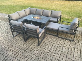 Fimous Aluminium Outdoor Garden Furniture Corner Sofa Gas Fire Pit Dining Table Sets Gas Heater Burner with 3 Chairs Big Footstool 10 Seater
