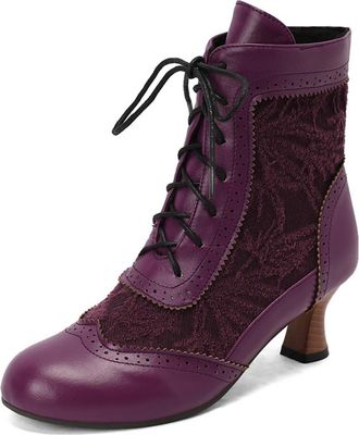 Generic Womens Lace Up Retro Ankle Boots Closed Round Toe Vintage Victorian Booties Mid Kitten Heel Short Boots,Purple,10.5 UK