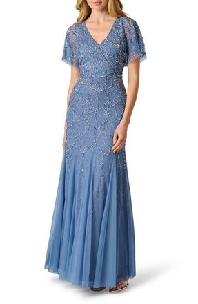 Adrianna Papell Beaded Godet Evening Gown in French Blue at Nordstrom, Size 14