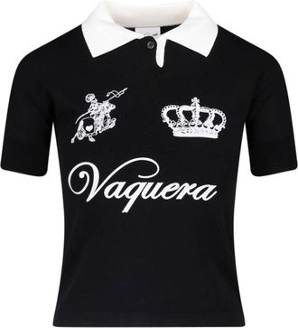 Vaquera Black Graphic Print Cropped Polo