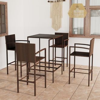 vidaXL Set De Bar De Jard&iacute;n 5 Piezas Y Cojines Rat&aacute;n Sint&eacute;tico Marr&oacute;n Vidaxl