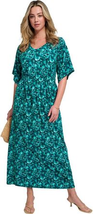 Roaman's Plus Size Stretch Knit Dolman Sleeve Maxi Dress in Teal Ginkgo Leaves at Nordstrom, Size 40
