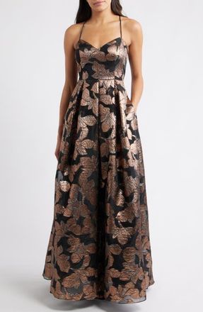 Eliza J Metallic Floral Jacquard Ballgown in Black Bronze at Nordstrom, Size 16