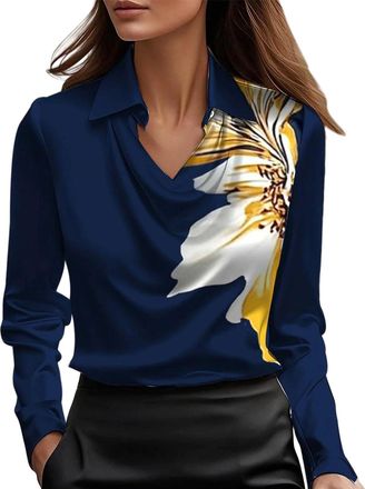 Generic Black Blouses for Women UK, Womens Silk Satin Shirt Cowl Neck Ruched Front Draped Top Fitted Long Sleeve Collar Blouses for Women UK Elegant Smart For