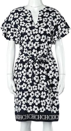 Carolina Herrera Navy Blue Floral Print Silk & Linen Belted Dress